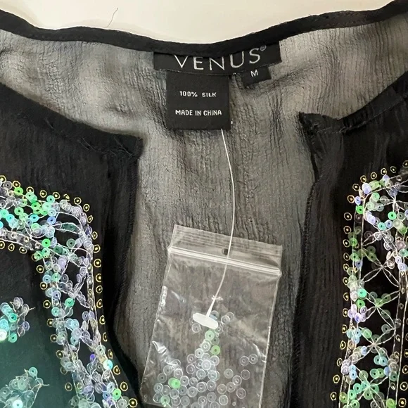 VENUS  Silk Sheer Black Swimsuit Coverup V-Neck Sequin Detailing Tunic Women's M - Picture 5 of 11